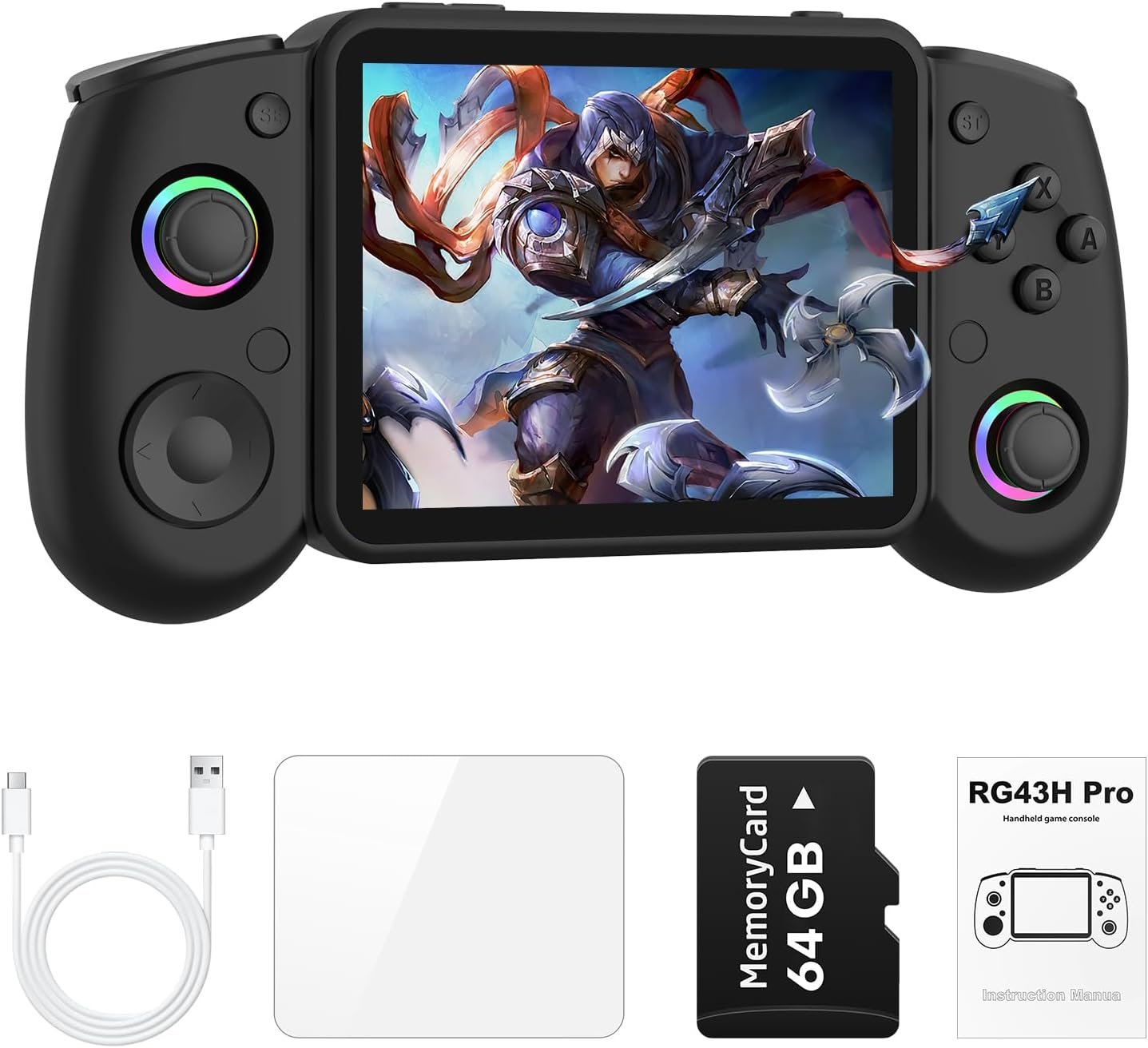 RG43H PRO Retro Handheld Game Console,4.3 Inch IPS Screen, RK3562 Quad-Core CPU,Portable Dual System,WiFi Networked Fighting HDMI TV Output,4000mAh Battery,Retro Daming Console With 64GB TF Card,Black