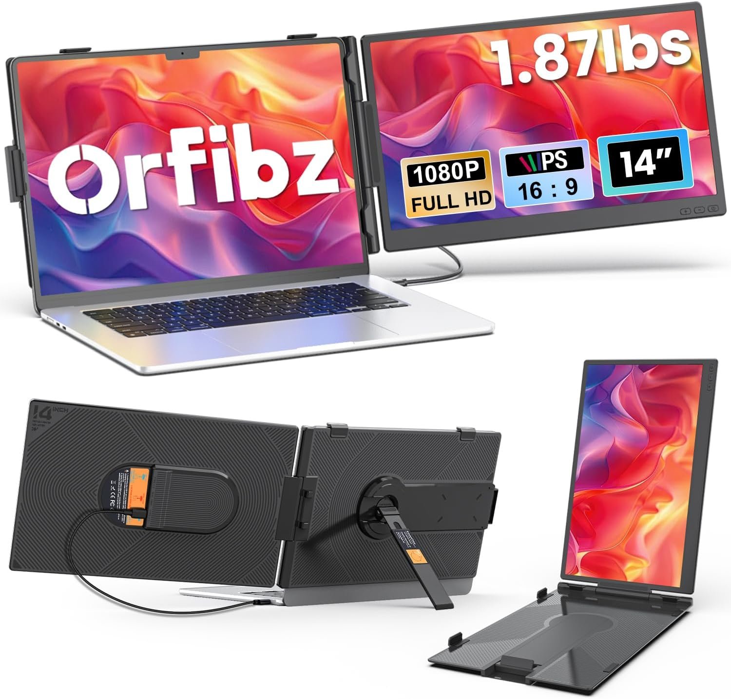 Laptop Screen Extender 1.87lbs Ultra-Portable & Ultra Slim, 14.2″ FHD 1080P Dual Portable Monitor for 14″-17.3″ Laptop, Plug & Play Travel Monitor Extender Compatible with Wins/Mac/Chrome/Android