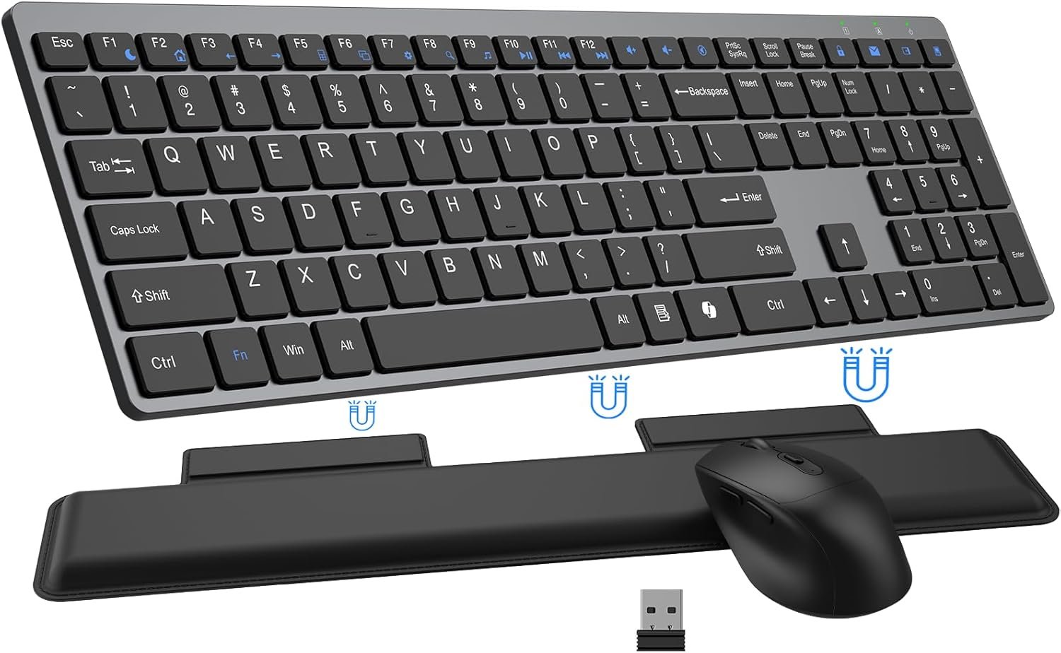 Wireless Keyboard and Mouse Combo, Full Size Silent Ultra Thin Keyboard with Magnetic Wrist Rest, Optical Mouse, 2.4G Lag-Free Cordless Mice Keyboard Set for Computer, Mac, Laptop, PC, Windows