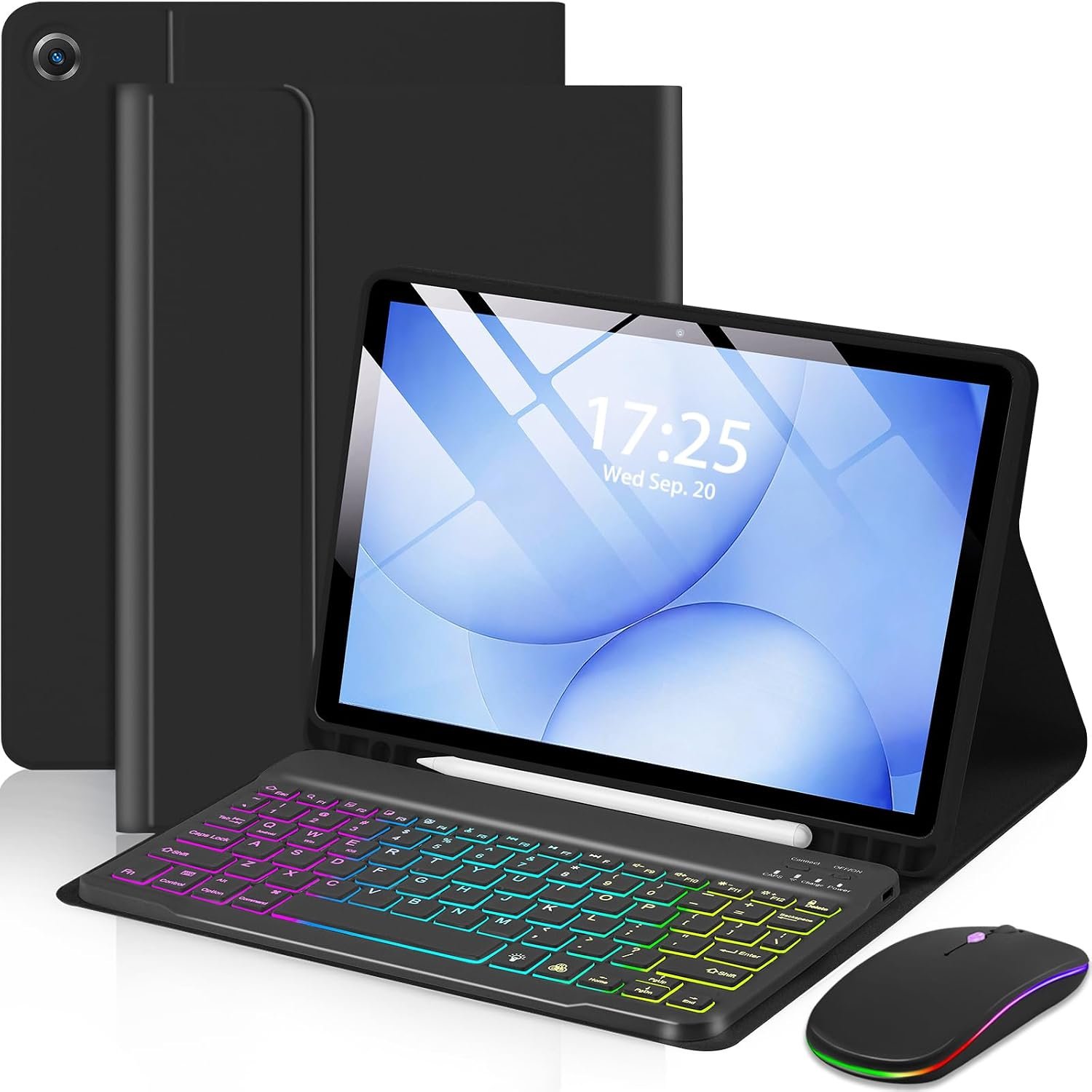 EAMPANG Case with Keyboard Mouse for Samsung Galaxy Tab A11 Plus/A9 Plus 2025/2023 11 inch,7 Color Rainbow Backlight Detachable USB-C Keypad Magnetic Case with Pen Slot for Tablet A11+ A9+ 5G Black