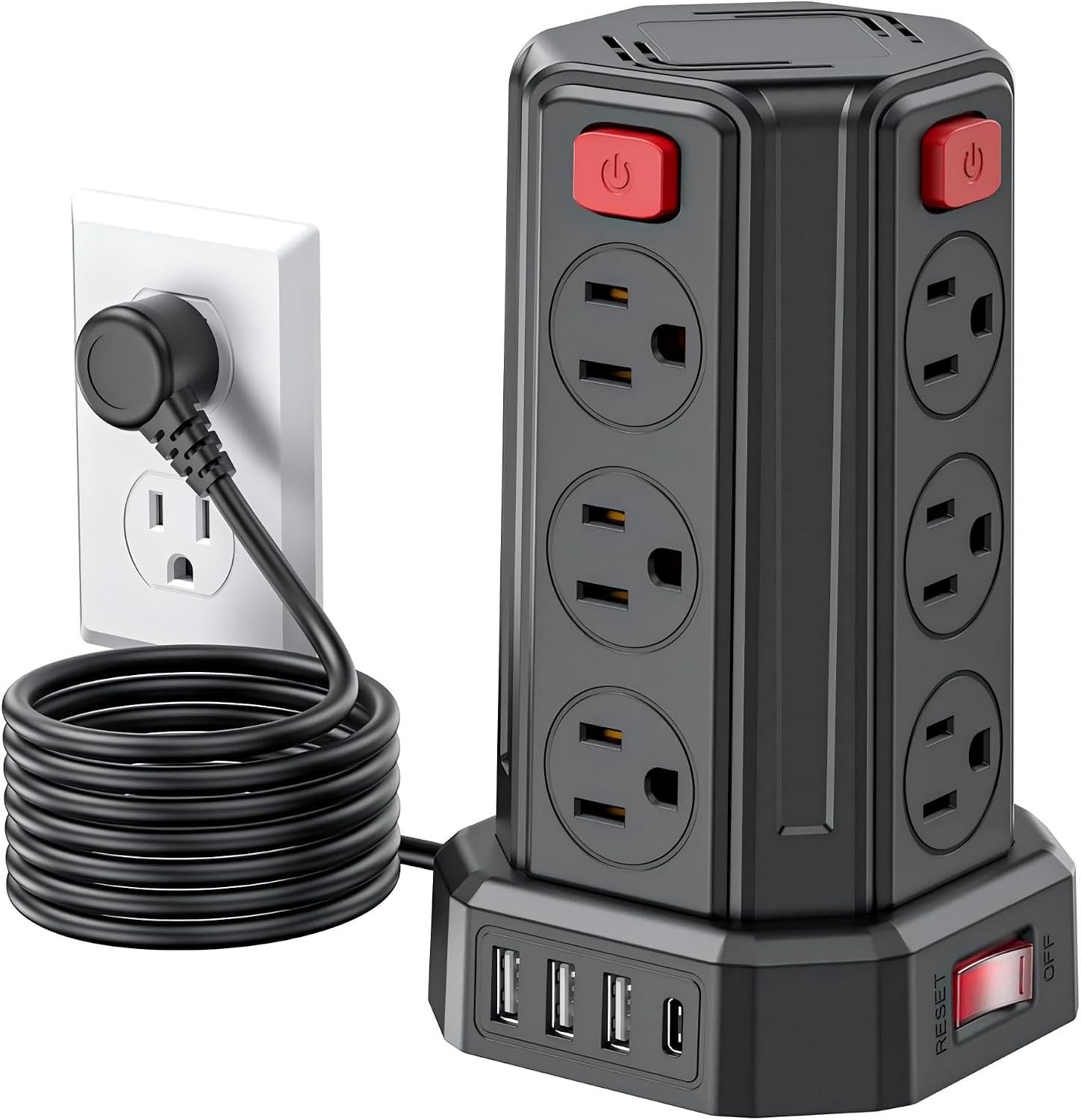 Power Strip Surge Protector, 6.5 Ft Extension Cord with 12 AC Multiple Outlets 4 USB (1 USB C), SMALLRT Power Tower Desktop Charging Station