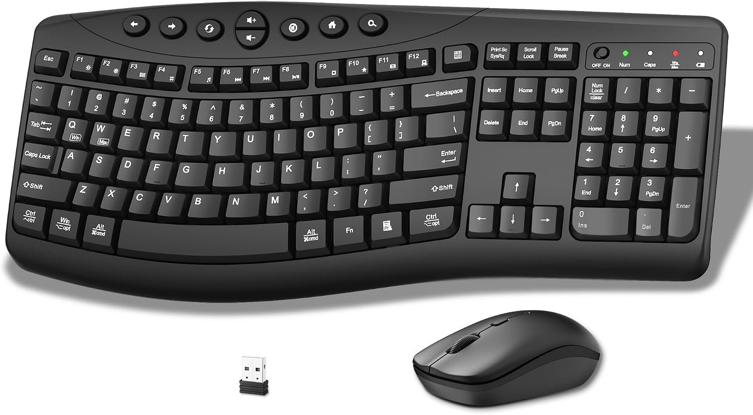 Wireless Keyboard and Mouse Combo, 2.4G Full Size Quiet Ergonomic Curved Keyboard for Natural Typing, 3-Level DPI Adjustable Silent Mouse for Windows, Mac OS, Desktop/Laptop/Office and Home (Black)