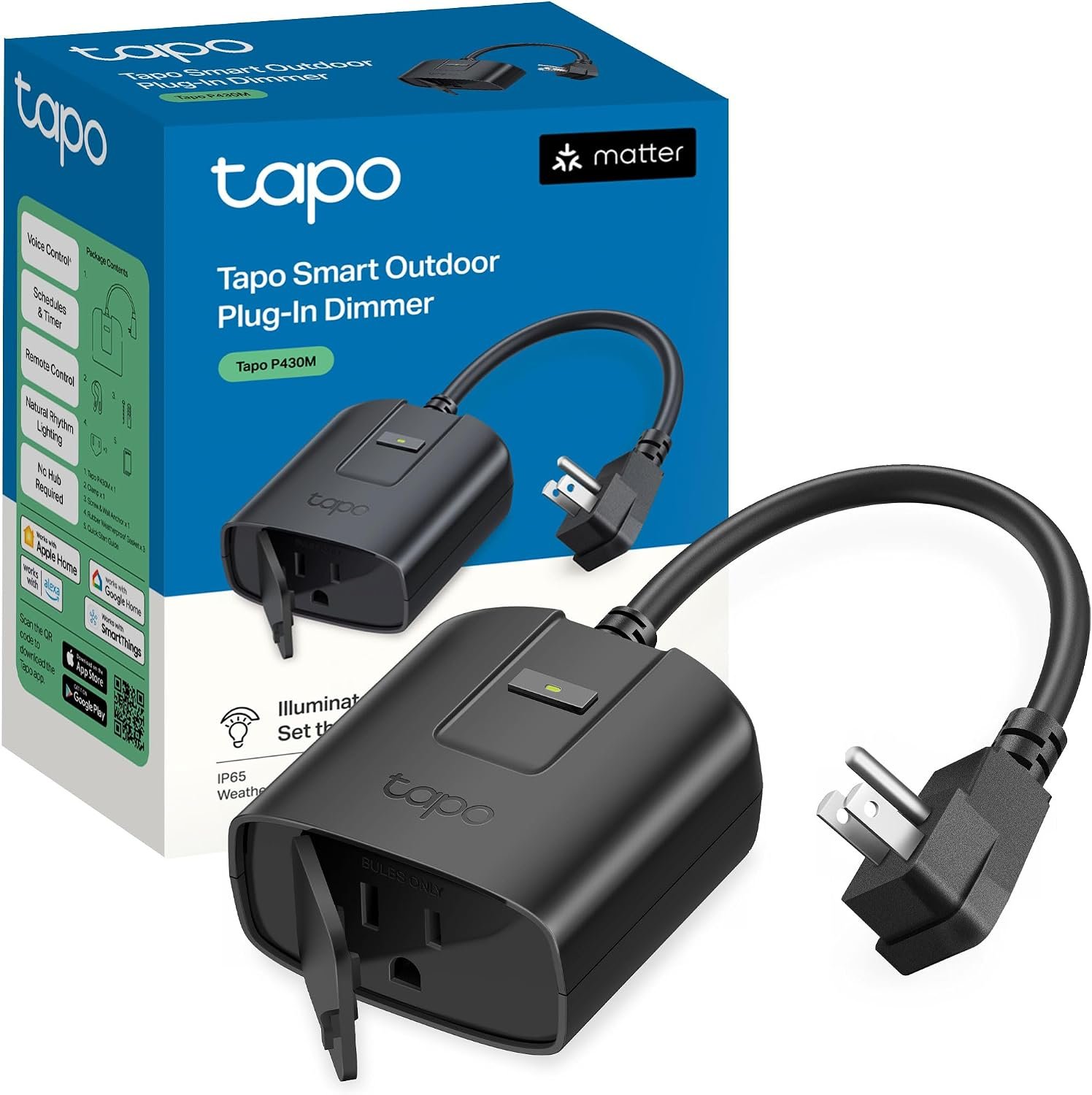 Tapo Outdoor Smart Dimmer Plug for Outdoor Lights, Matter, Energy Monitoring, App Control, IP65 Weather Resistant, Works with Siri, Alexa, Google, ETL Certified, 150WLED/CFL, 2.4GHZ WiFi Only, P430M