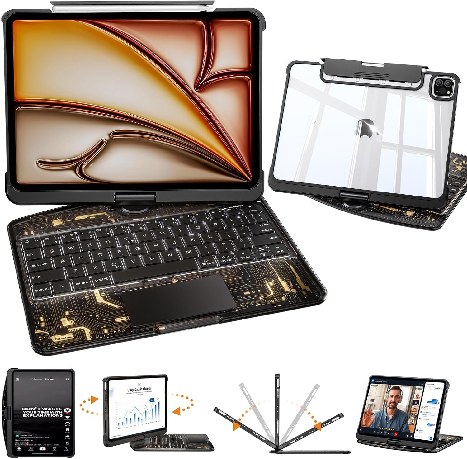 Clear Keyboard Case for iPad Pro 12.9 & Air 13, 360° Rotation, Black | 7-Color Backlit, Trackpad, Pencil holder, Scratch-resistant cover, Laptop typing for iPad Pro 12.9 6th-3rd Gen & Air 13 M4-M2