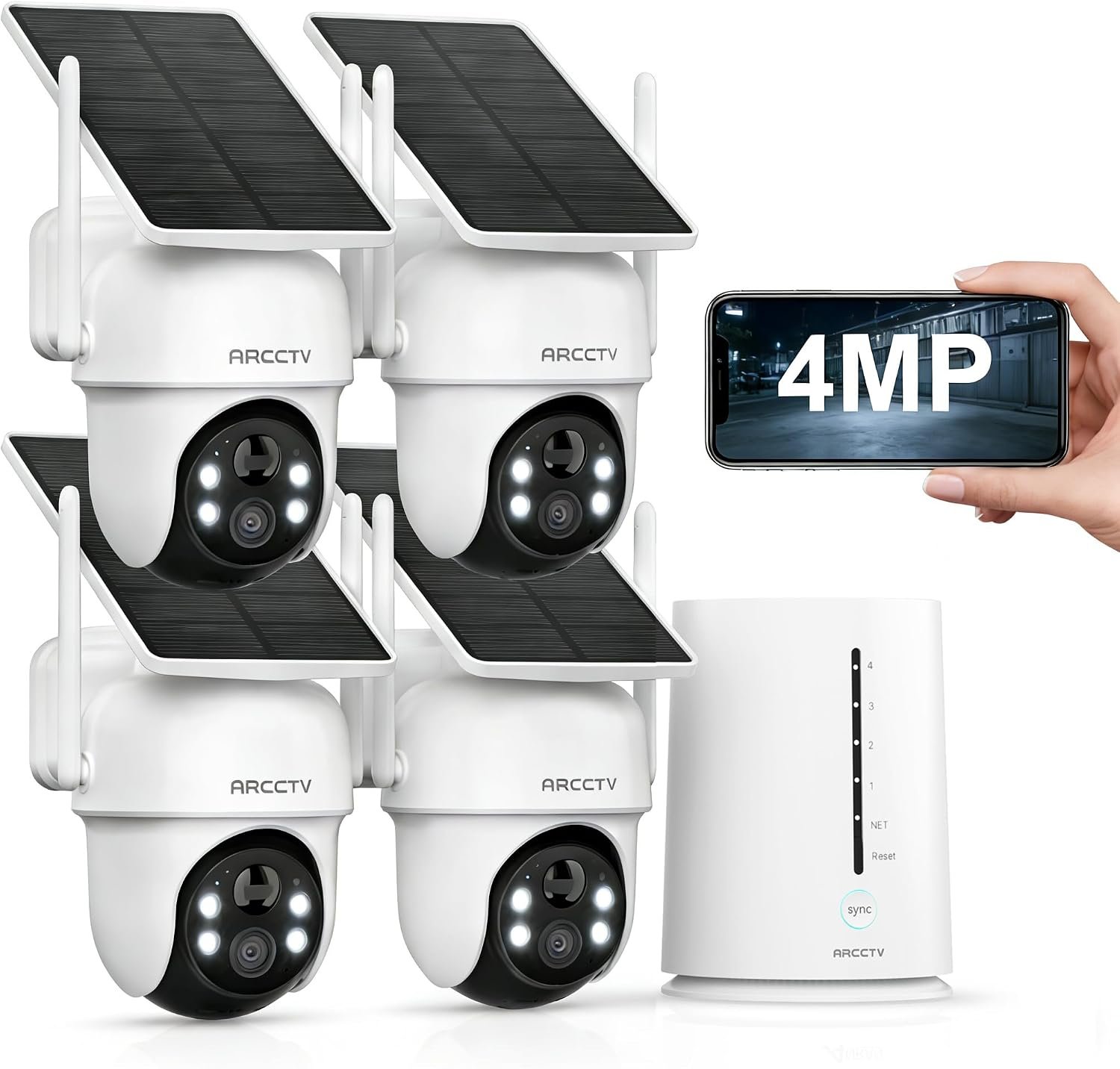 ARCCTV Solar Security Cameras Wireless Outdoor, 4-Cam Home Security System | 4MP 360° PTZ With Base Station, No Monthly Fee, PIR Motion Detection, Dual Band WiFi, APP-Friendly, Color Night Vision