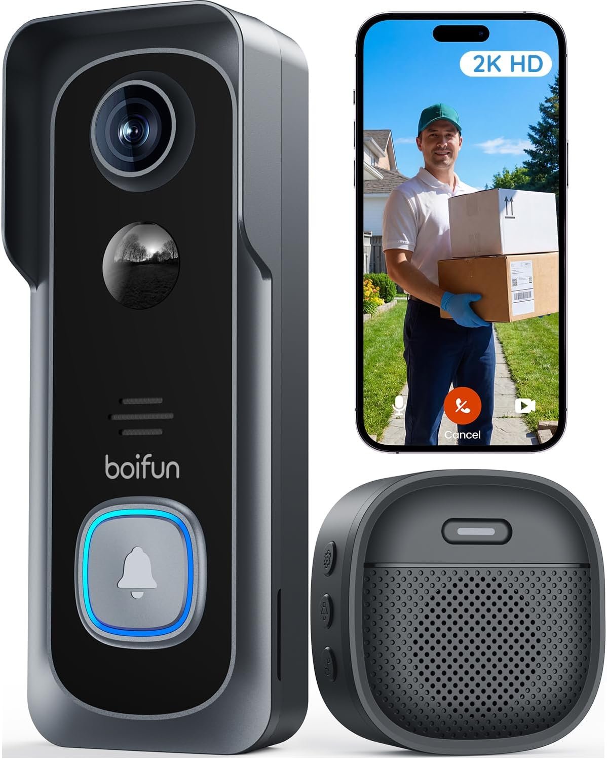 BOIFUN Video Doorbell Camera Wireless – No Subscription Required, 2K HD, 166° Wide View, HDR Night Vision, Motion Alerts, Two‑Way Audio & Battery Video Doorbell with Chime, 2.4 GHz Wi‑Fi Only