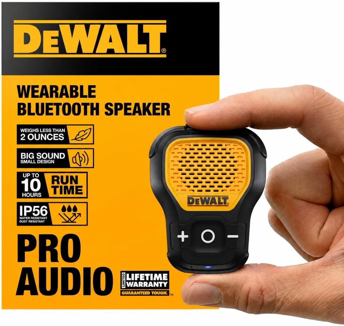 DEWALT Wearable Bluetooth Speaker, Clip-On Wireless Jobsite Pro Water-Resistant Portable Speaker (Non-Magnetic), Built-in Mic for Hands-Free Music/Calls, Bluetooth Speaker (Yellow)