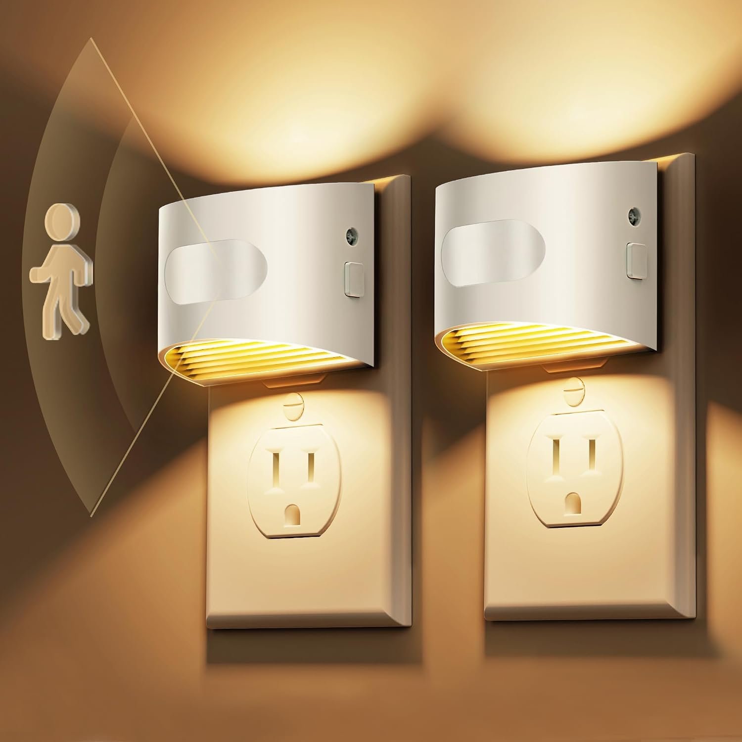 L LOHAS LED Motion Sensor Night Light, Night Lights Plug into Wall, 2 Pack | Nightlight with Dusk to Dawn & Motion Detection Sensor, 30-100Lm Adjustable Brightness, 3000K Warm White, White Housing