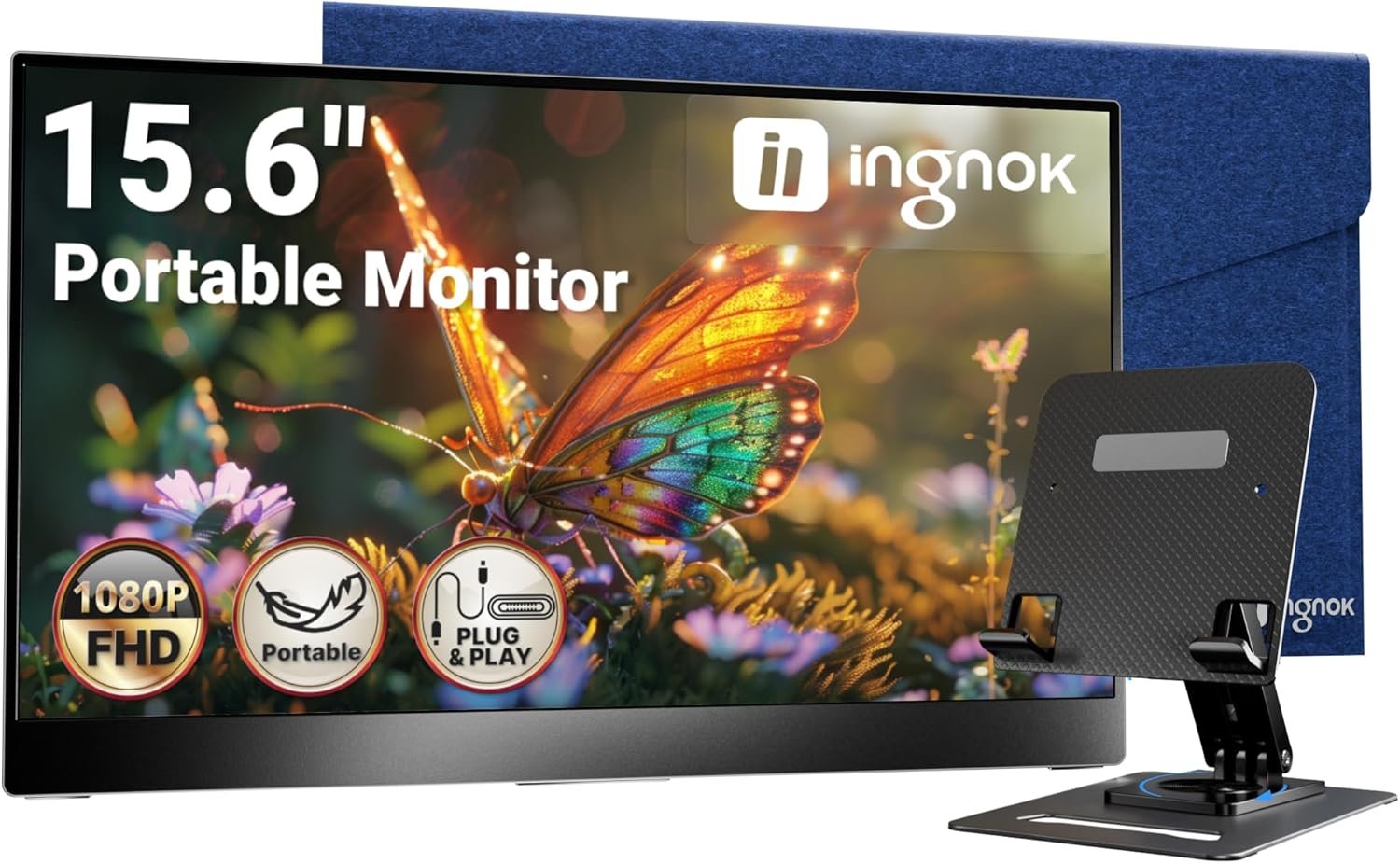 Ingnok Portable Monitor for Laptop,15.6 Inch USB C Screen Extender | FHD 1080P with Adjustable Stand,USB C Mini HDMI Port for Mac,mini PC,Built-in Speakers ,Easy to Set up,VESA
