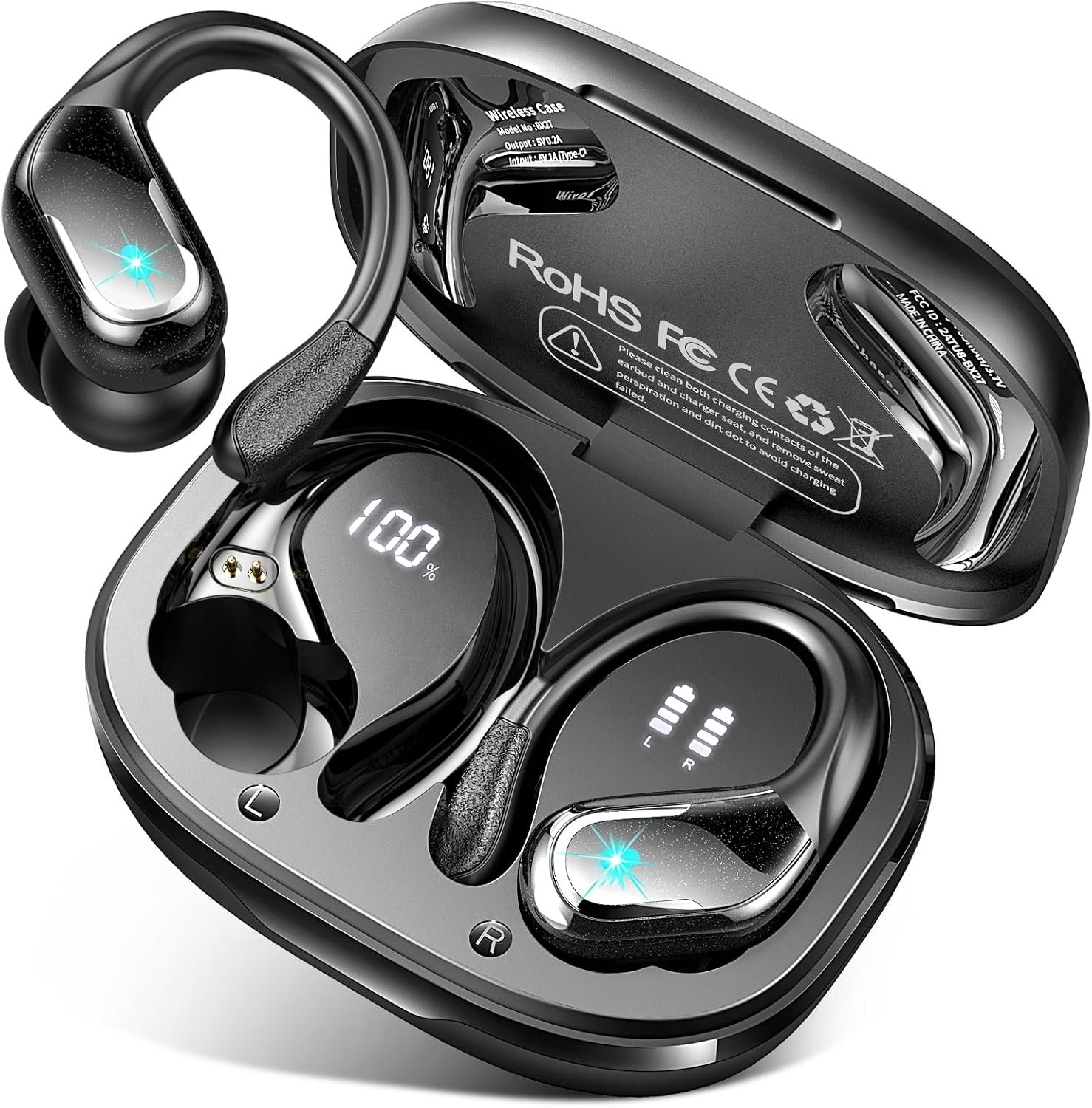 Wireless Earbud, 75Hrs Bluetooth 5.4 Headphones IP7 Waterproof for Sport, Running Wireless Earphones with ENC Noise Cancelling Mics, Deep Bass Over Ear bud with Earhooks for Android, iOS, Workout, Gym