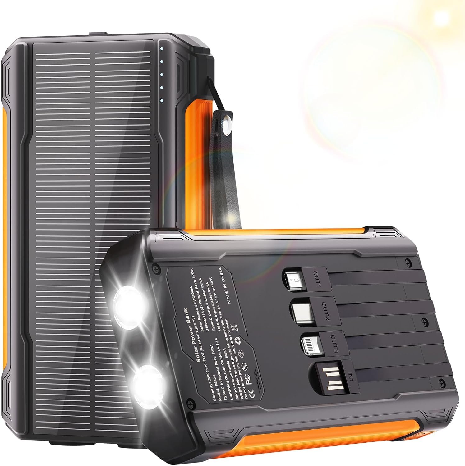 Solar Charger Power Bank 20000mAh, Portable Charger with 4 Cables | 3 Ports Fast Charging External Battery Pack with USB C for Phones iPad, Solar Panel Charger with Dual Flashlight for Camping