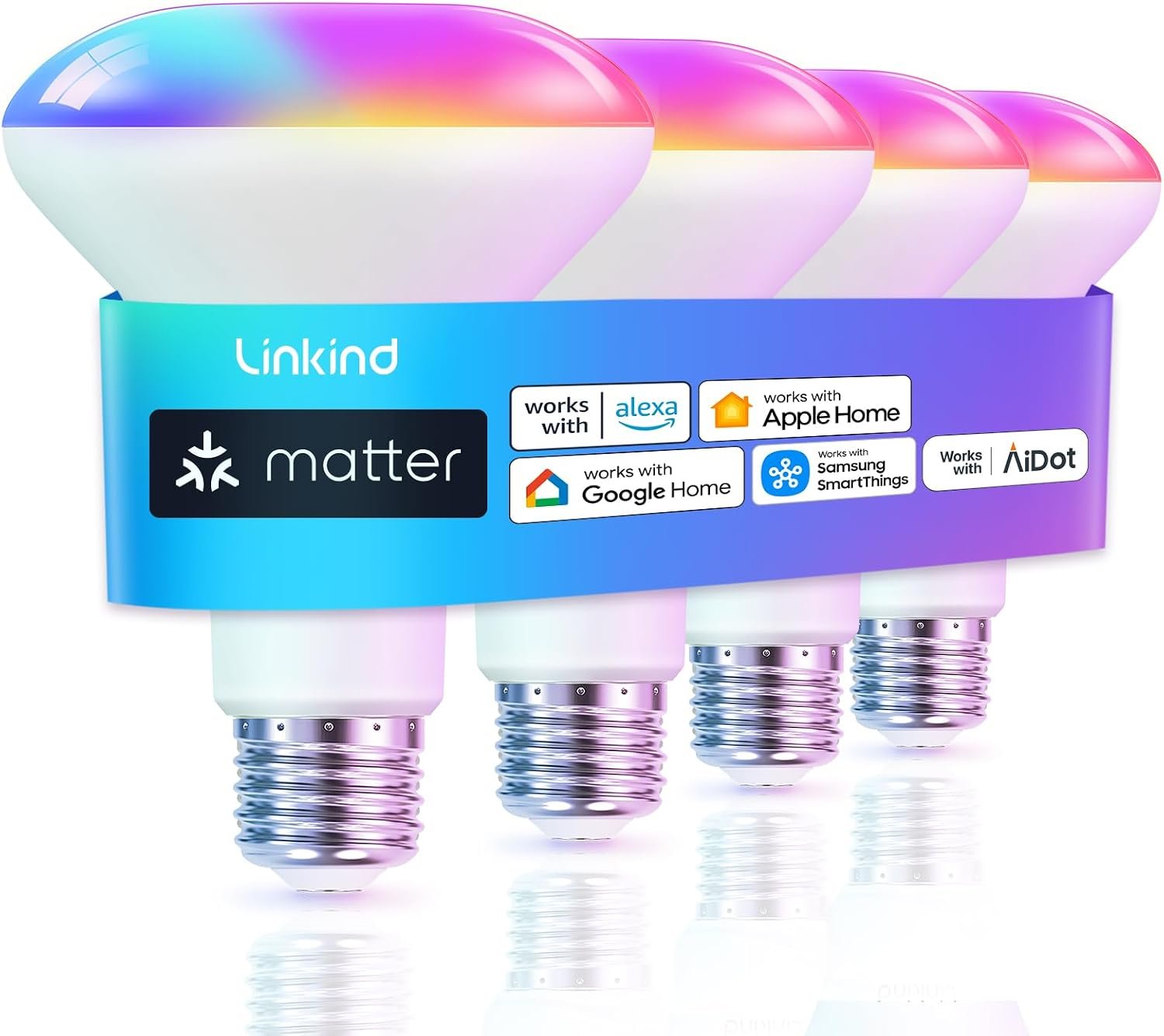 Linkind Matter BR30 Smart Light Bulbs, Alexa/Apple/Google Home, 4 Pack | E26 Recessed Smart Flood Light Bulbs, Music Sync & Preset Scenes, 650LM 60W RGBTW Color Changing, Tunable White(1800K-6500K)