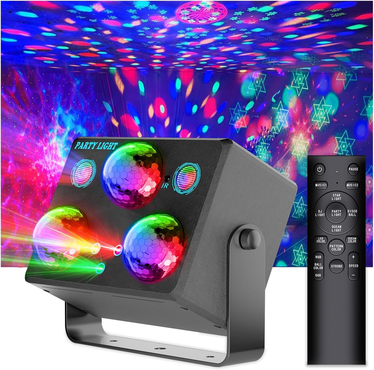 Disco Ball Party Lights,Pro 6 in 1 Disco Lights Sound Activated Dj Strobe with RGB&OGB Disco Balls,Laser Light Show,Ocean Lamp,Star Projector,2 RGB LEDs-Perfect for Disco Glow Party Rave Dance