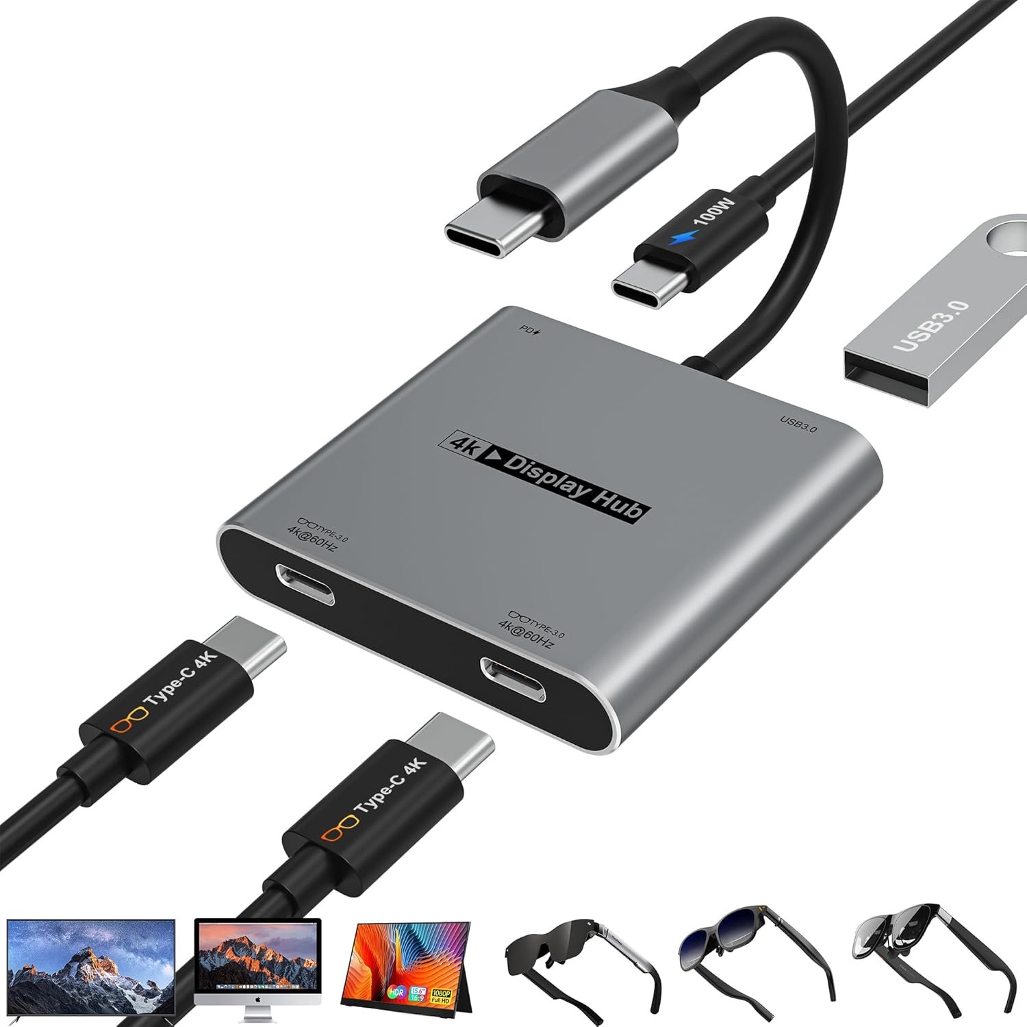 4-in-1 Dual USB-C Display Hub for AR Glasses, 4K@60Hz Video Output, 100W PD Input, 5Gbps USB 3.0, Charge & Play – for AR Glasses, Switch 2, Steam Deck, Laptops, Portable Monitors & Type-C Displays