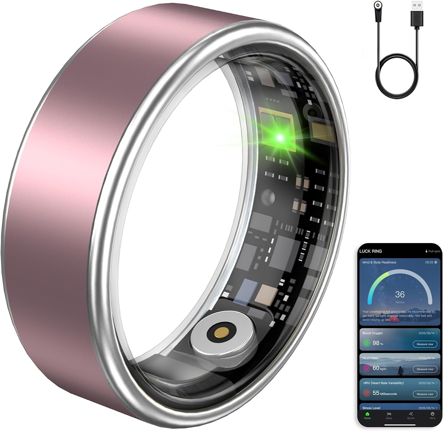 Smart Ring for Women & Men, Fitness Tracker Ring with Heart Rate Monitor, HRV, Sleep Tracking, No Subscription Fee, 10ATM Waterproof Activity Ring for Android & iPhone (Matte Pink, 7)