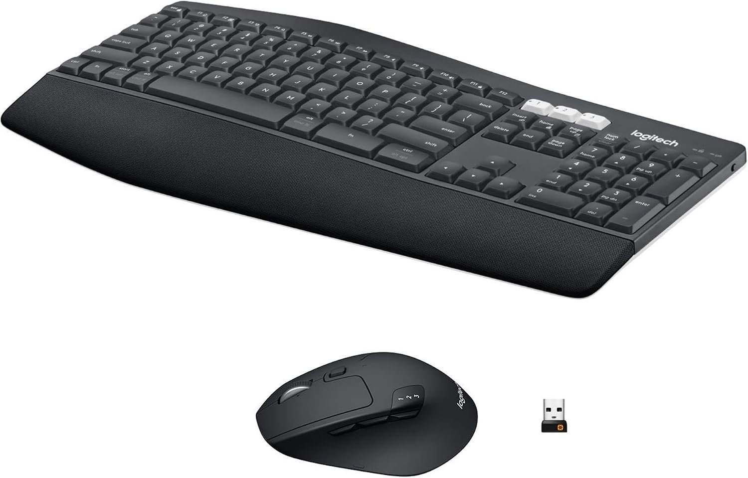 Logitech MK850 Performance Wireless Keyboard and Mouse Combo – Graphite | Connect via Bluetooth or included USB-A receiver, oversized wave-shaped keyboard, full size mouse with 8 customizable buttons