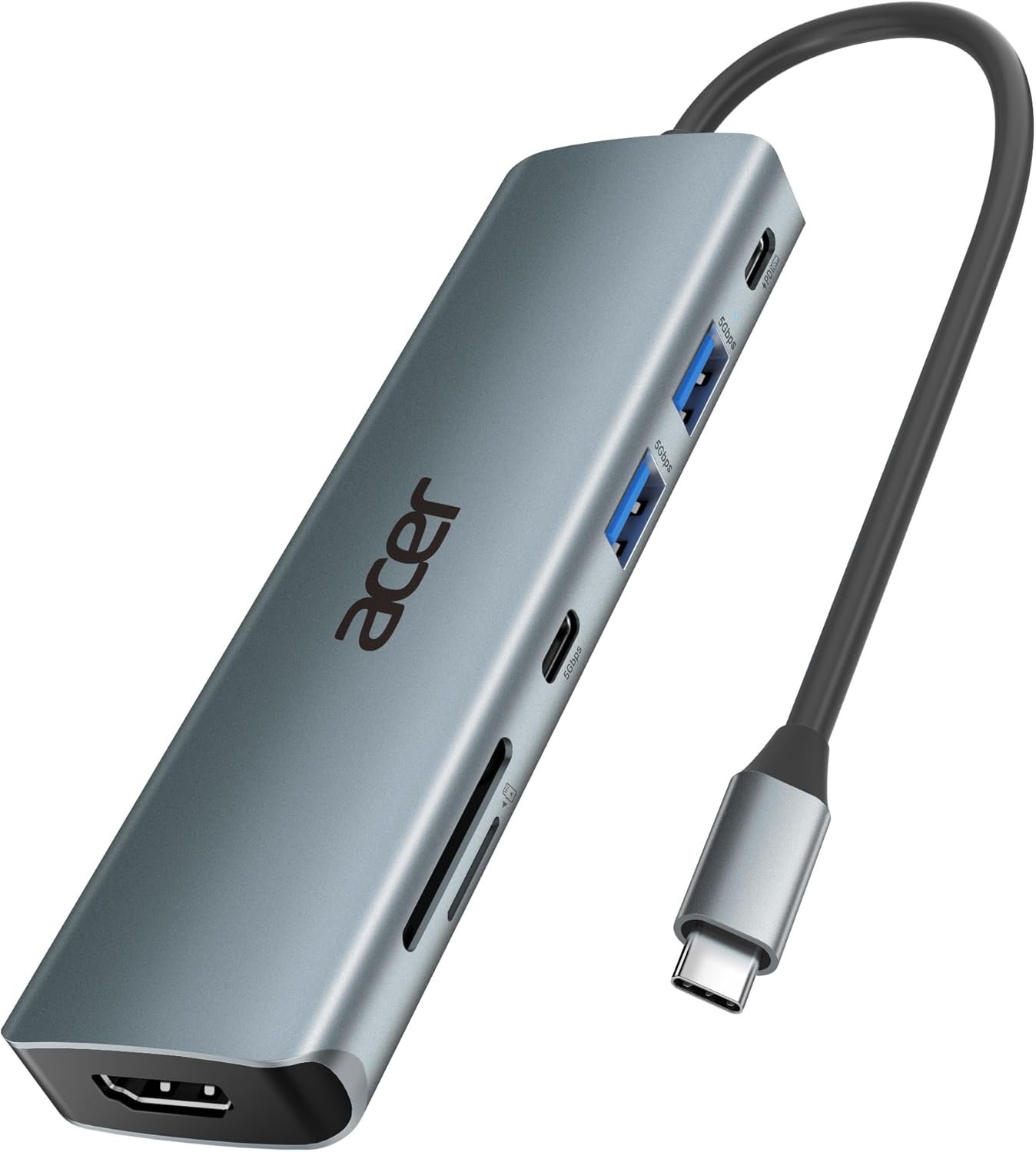 Acer USB C Hub, 7 in 1 Multi-Port Adapter for Laptop/Mac Type C Devices | 4K USB C to HDMI Splitter Hub, 100W Max PD Port, 2 USB 3.0 & 1 USB C Data Ports 5Gbps, SD/TF Card Reader
