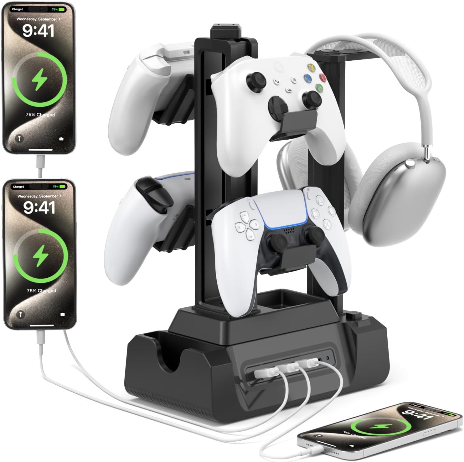 KDD Charging Station for Multiple Devices – 4 Ports Charging Dock with Controller and Headset Stand – 3 USB A & 1 USB C for Cellphone Tablet and Other Electronic – Multi Storage for Gaming Accessories