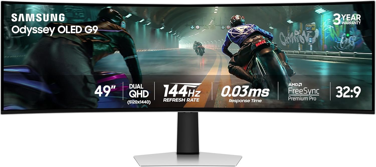 Samsung 49″ Odyssey OLED G9 (G91SD) Dual QHD QD-OLED G-Sync Compatible Curved Gaming Monitor, 144Hz, 0.03ms, AMD FreeSync Premium Pro, Ergonomic Stand, 3 Year Warranty, LS49DG910SNXZA