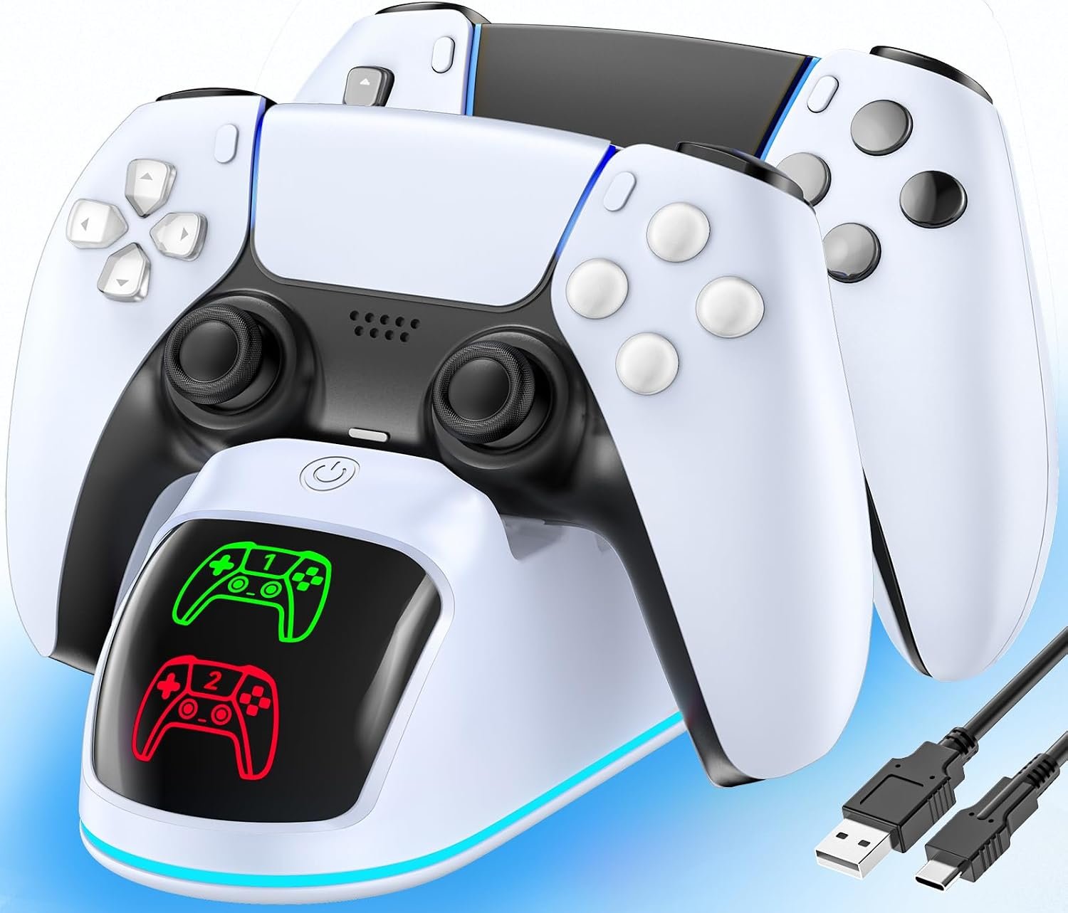 Controller Charger for PS5, Dual Charging Dock Station for PlayStation 5 Dualsense & Edge with RGB Light, Fast PS5 Dual Controller Charging Station with Cable for P5 Accessory Kit