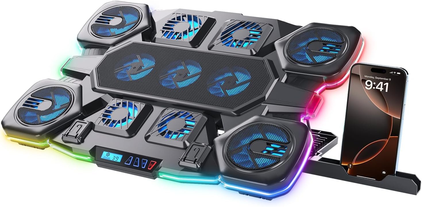 Gaming Laptop Cooling Pad – 11 High Speed Turbo Fans Ultra Quiet Laptop Cooler Stand with RGB Lights Digital Display Height Adjustable for 17 Inch Laptop