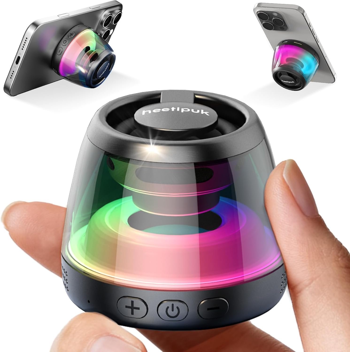 Magnetic Bluetooth Speaker, Mini Speaker, Teen Gift Ideas, Loudspeaker with Bass Diaphragm, 5W Internal-Magnet Speaker, 7H Playtime,TWS, RGB Light, TF Card Slot