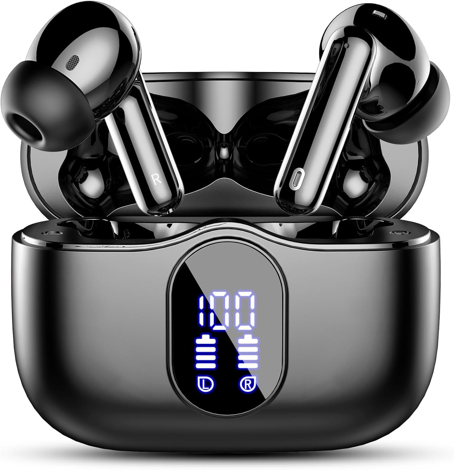 Wireless Earbuds, Bluetooth 5.4 Headphones Bass Stereo Bluetooth Earbuds | Ear Buds with Noise Cancelling Mic LED Display in Ear Earphones Clear Calls IP7 Waterproof 36H for Phones/Sport/Laptop, Black