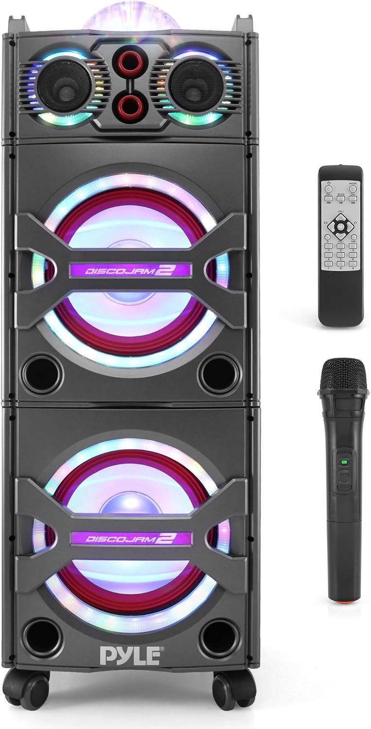 Pyle Portable Bluetooth PA Speaker System – 2000W Active powered Outdoor Bluetooth Speaker Portable PA System w/ Microphone In, Party Lights, USB SD Card Reader, AUX/RCA/FM Radio, Wheels – PSUFM1043BT