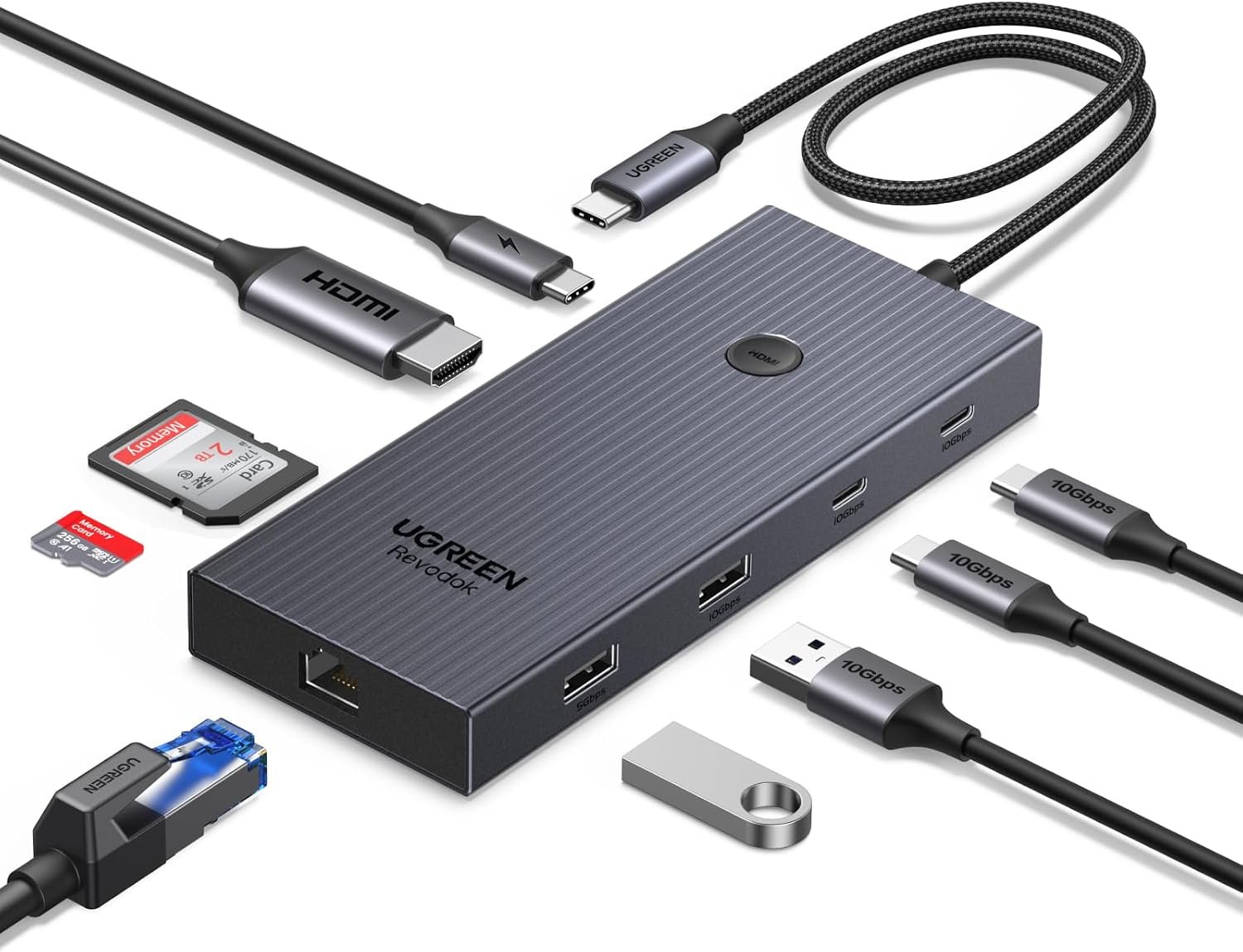 UGREEN Revodok Pro 9 in 1 USB C Hub Gigabit Ethernet Adapter 4K@60Hz HDMI, 100W PD Charging, USB A Data Ports, SD/TF Card Reader Compatible with MacBook Neo/Air/Pro M1, M2, M3,M4, M5,Steam Deck