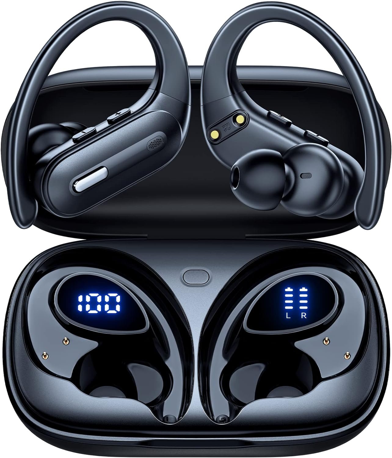 Active Noise Cancelling Wireless Earbuds Bluetooth Headphones 90 Hrs Playtime Ear Buds with Hi-Res Stereo Deep Bass Power Display Earphones with Earhooks Waterproof Transparency Headset Sports/Running