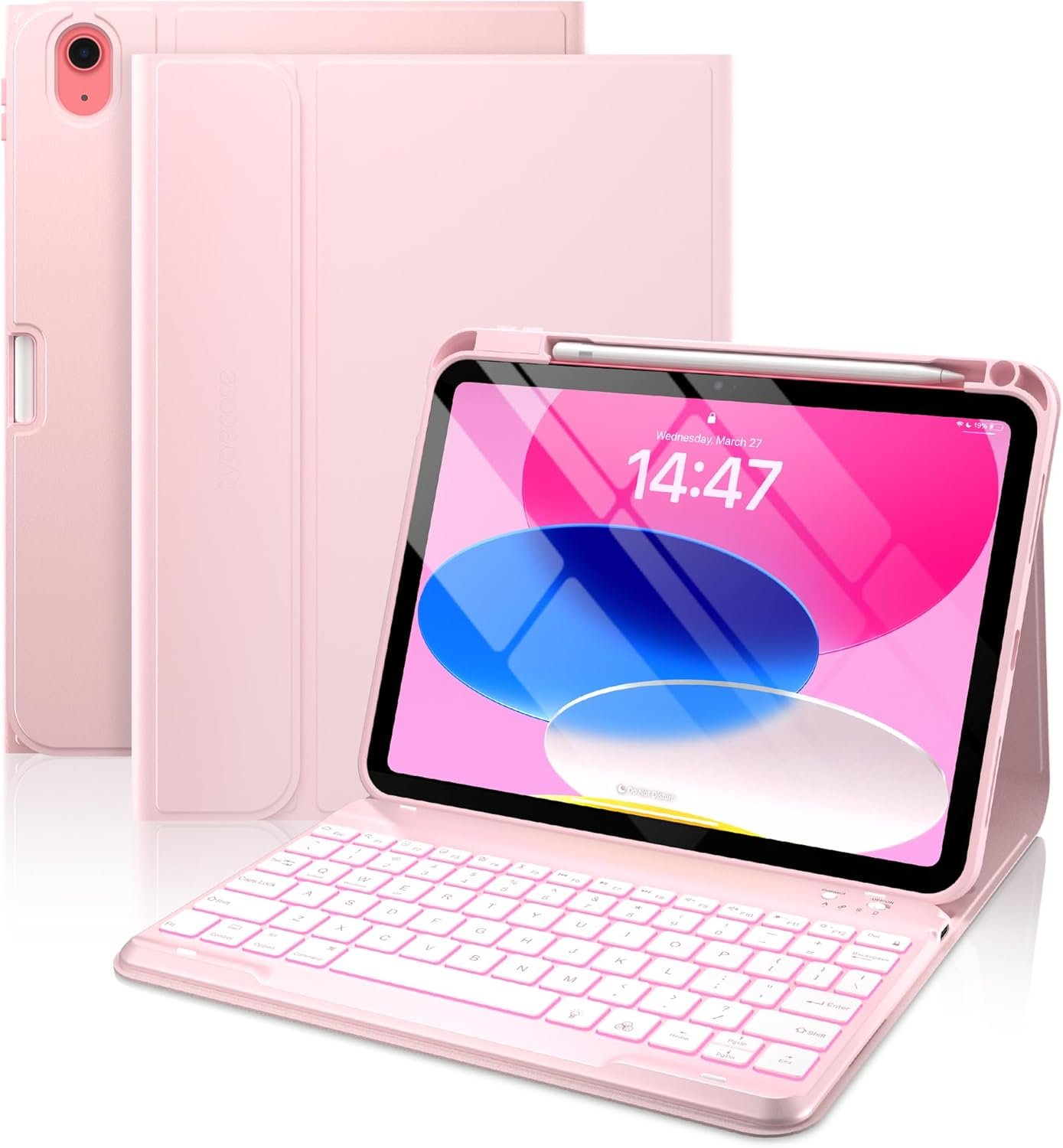 typecase Folio iPad 11th/10th Gen Keyboard Case (11″ A16 2025 & 10.9″ 2022) – Magnetic Wireless Detachable Keyboard, 7-Color Backlight, Thin & Light, Pencil Holder – Light Pink