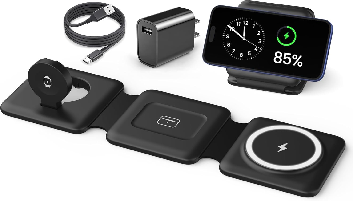 Magnetic Wireless Charger for iPhone: Fodable 3 in 1 Charging Station for Multiple Apple Devices – Travel Charging Pad Dock for Apple Watch iPhone 17 16 15 14 13 12 Pro Max Plus & Airpod