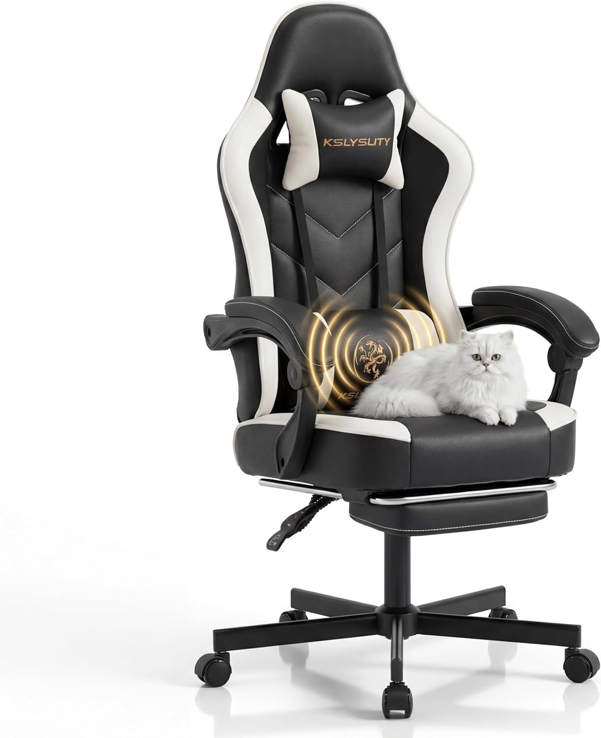 Desk Computer Gaming Chair – High Back Ergonomic Office Chair with Footrest and Lumbar Support, Swivel Comfy Home Gamer Video Game Chairs with Pocket Spring Cushion for Adults (White Leather)