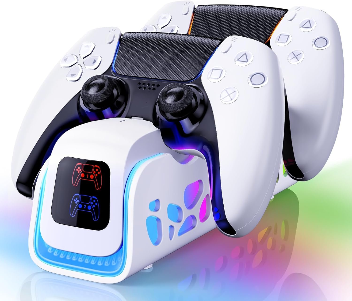 PS5 Controller Charger Dock for DualSense/Edge, 6 RGB Modes | ABS shell for PS5 setups charges DualSense/Edge controllers with auto-align dock, 6 RGB modes and safety chip