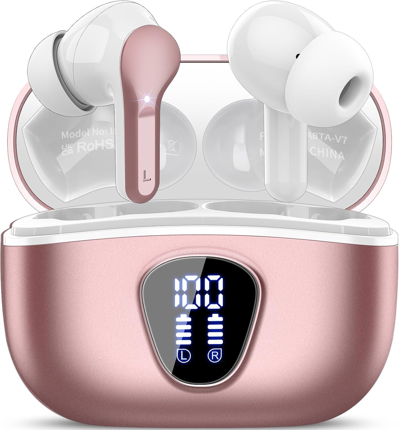 Wireless Earbuds, Bluetooth 5.4 Headphones HiFi Stereo, Bluetooth Earbuds | With ENC Noise Cancelling Mic, IP7 Waterproof in Ear Earphones, 48H, LED Display Ear buds for Pad Phones Workout, Rose Gold