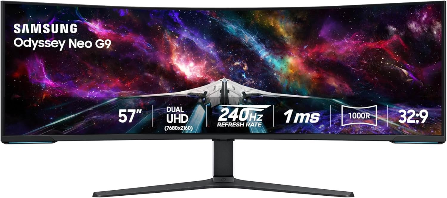 Samsung 57″ Odyssey Neo G9 (G95NC) Dual 4K UHD 1000R Curved Gaming Monitor | 240Hz, 1ms with DisplayPort 2.1, Quantum Mini-LED, DisplayHDR 1000, AMD FreeSync Premium Pro (LS57CG952NNXZA)