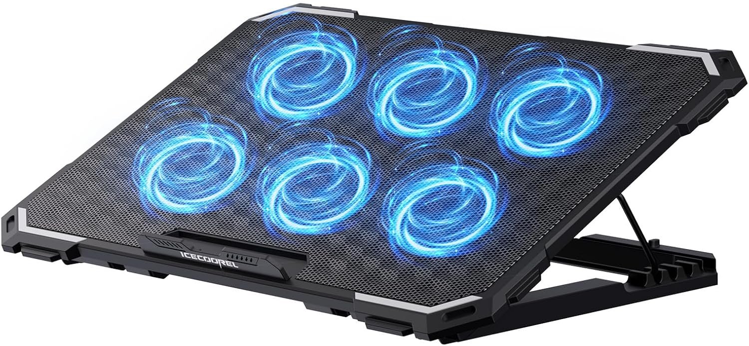 ICE COOREL Laptop Cooling Pad with 6 Cooling Fans, Cooling Pad for Laptop Fan 13-15.6 Inch, Laptop Cooler Stand with 6 Height Adjustable, Notebook Cooler Pad with Two USB Port