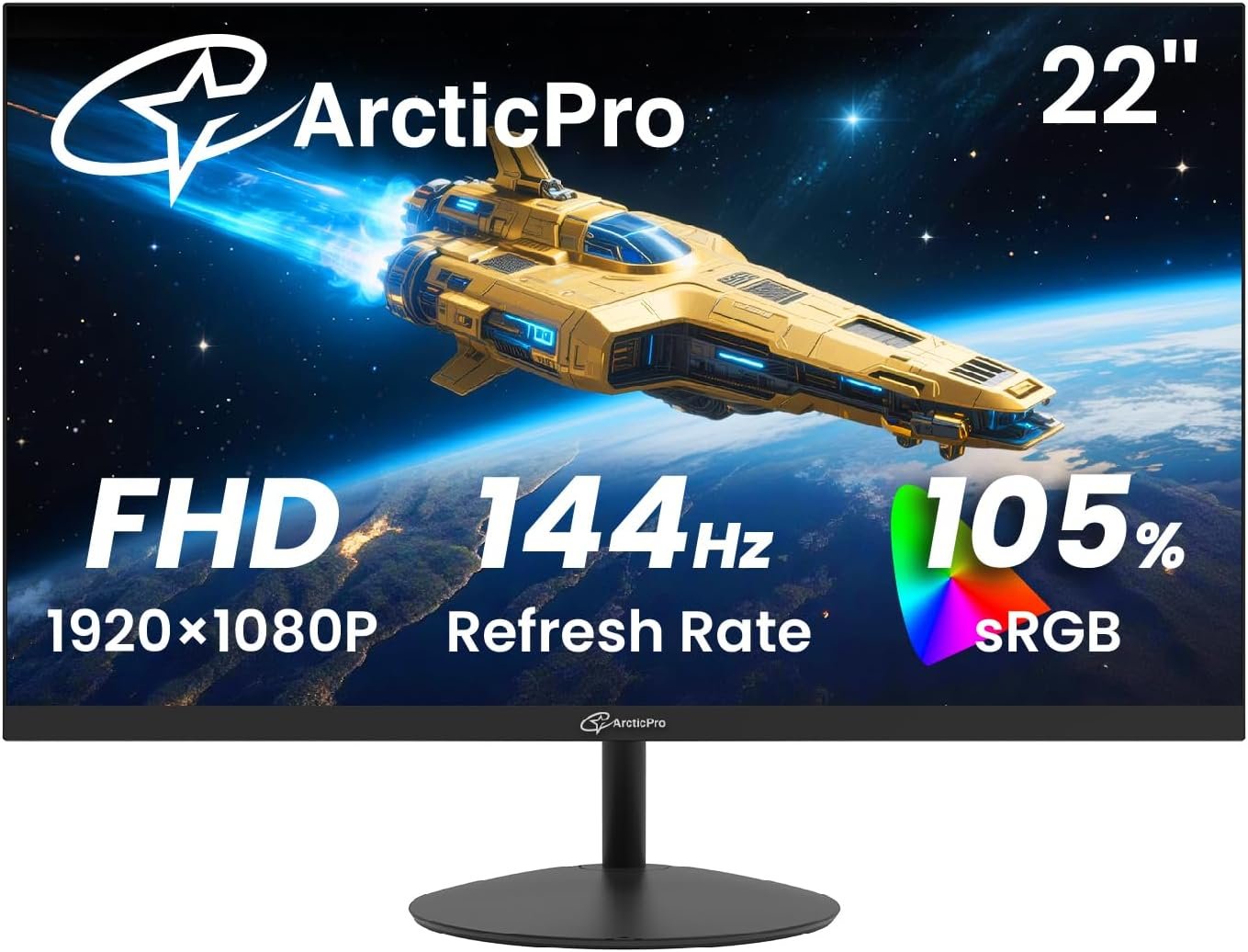 ArcticPro 22 inch Monitor, 144Hz Gaming Monitor, FHD 1080p Computer Monitor, 105% sRGB, 3000:1 Contrast, 3-Sided Frameless, Ultra Slim, VESA, Eye Care, HDMI, VGA