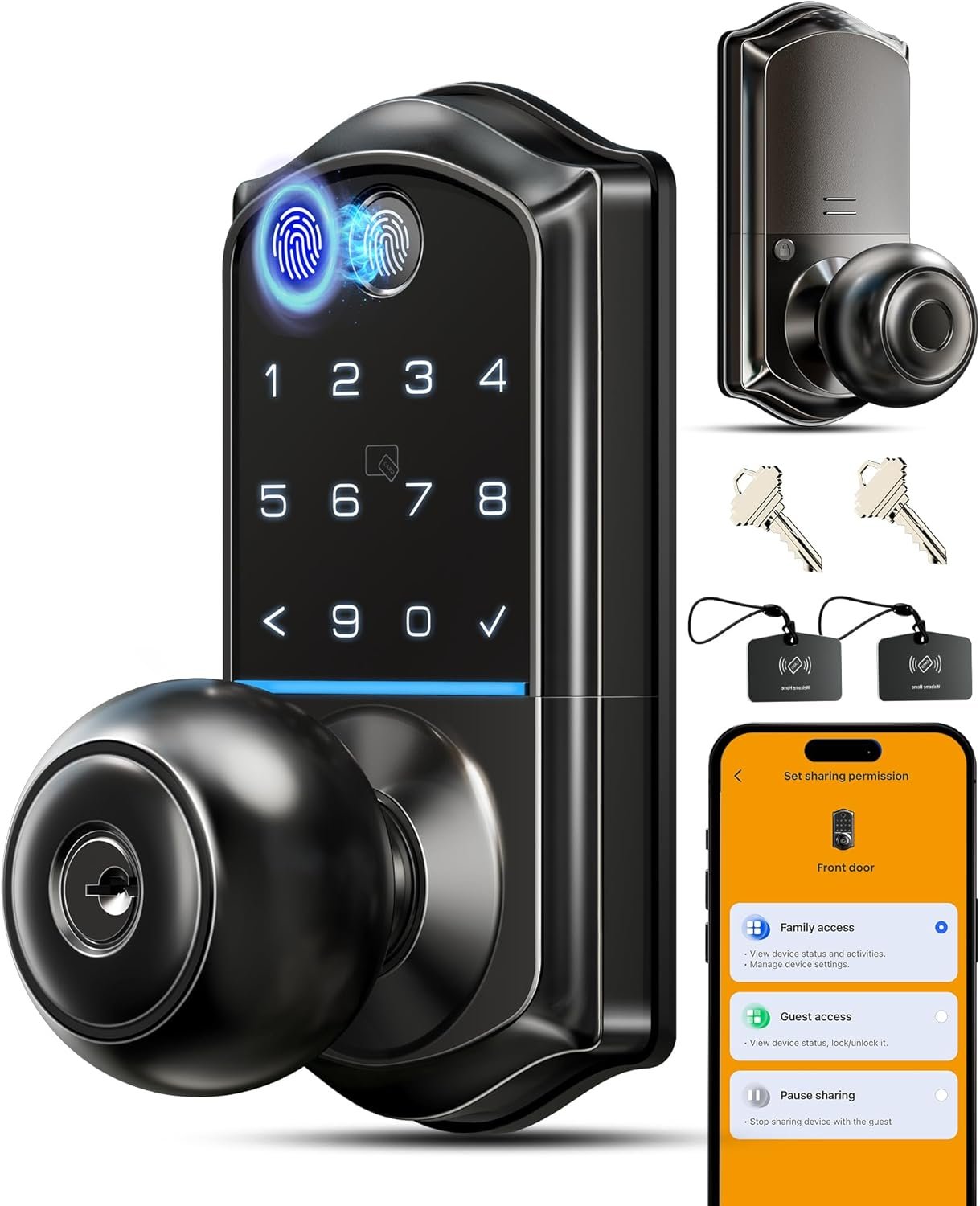 Veise VE018 Smart Knob Handle Lock – Fingerprint, App Control, Keyless Entry for Front Door and Bedroom, Electronic Digital Keypad, Auto Lock, Remote Access Sharing, Easy Installation, Matte Black
