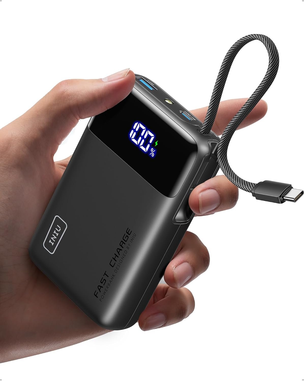 INIU 20000mAh Power Bank, Small 45W PD Fast Charging Portable Charger with Built-in USB C Cable, Flight-Safe Travel External Phone Battery Pack for iPhone 17 Pro Max Samsung S26 iPad etc, Black