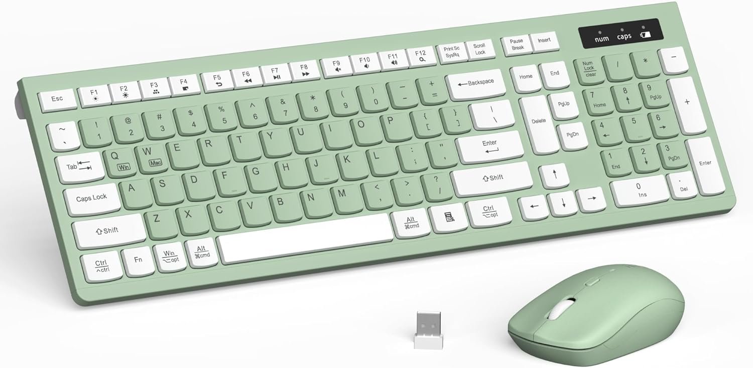 Wireless Keyboard and Mouse Combo Silent for Office and Home(Avocado Green) | 2.4G Full Size Silent Cordless Keyboard with Tilt Legs,3-Level DPI Quiet Mouse,for Windows/Mac OS/Desktop/Laptop/PC