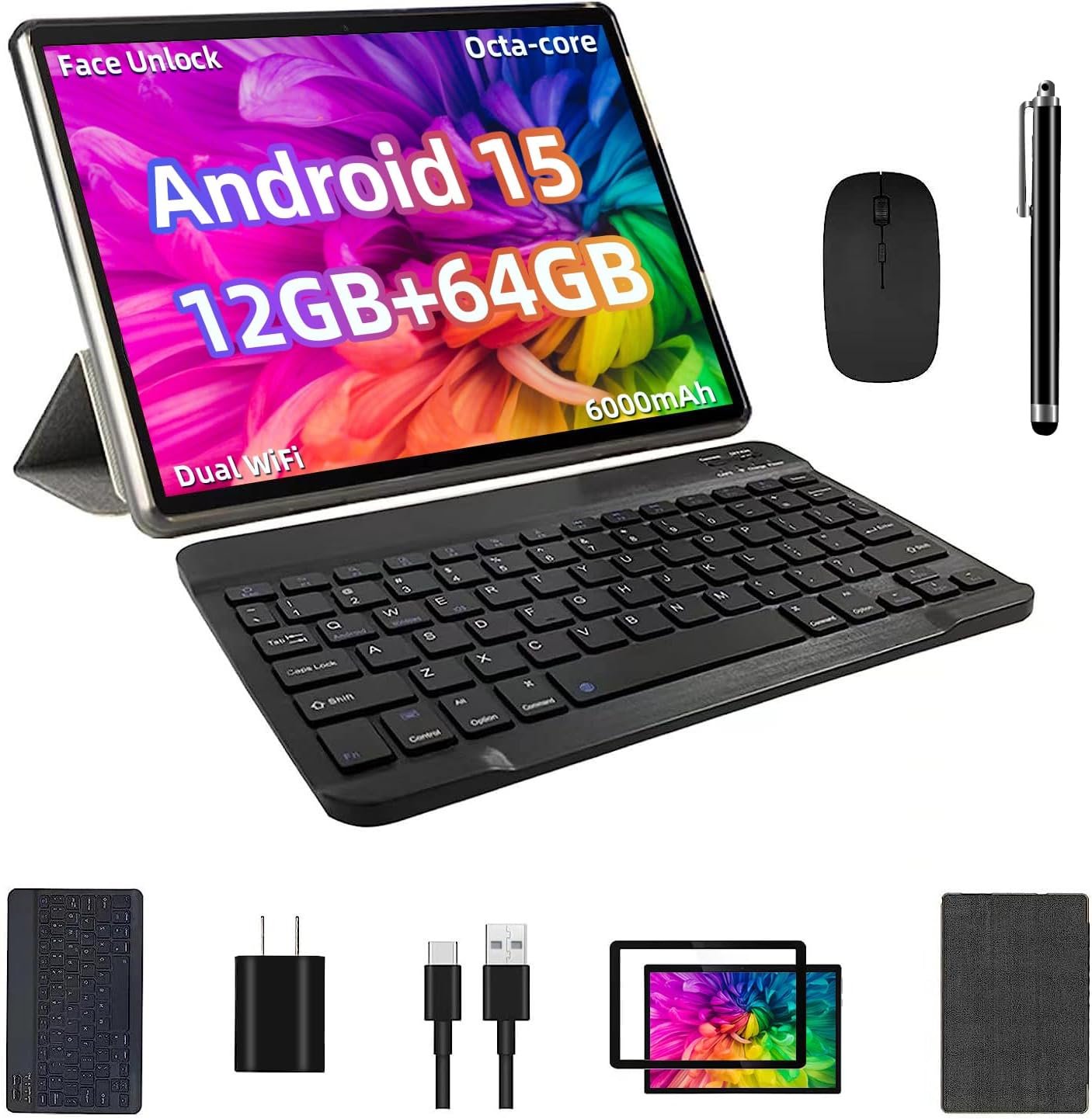 TUOHAITIME Android 15 Tablet, 10inch Tablet with Keyboard Case, Black | 12GB+64GB+1TB Expand, Stylus Pen, Octa-core CPU,Dual Camera, WiFi6, 6000mAh Battery+18W Fast Charge, Support Face Unlock