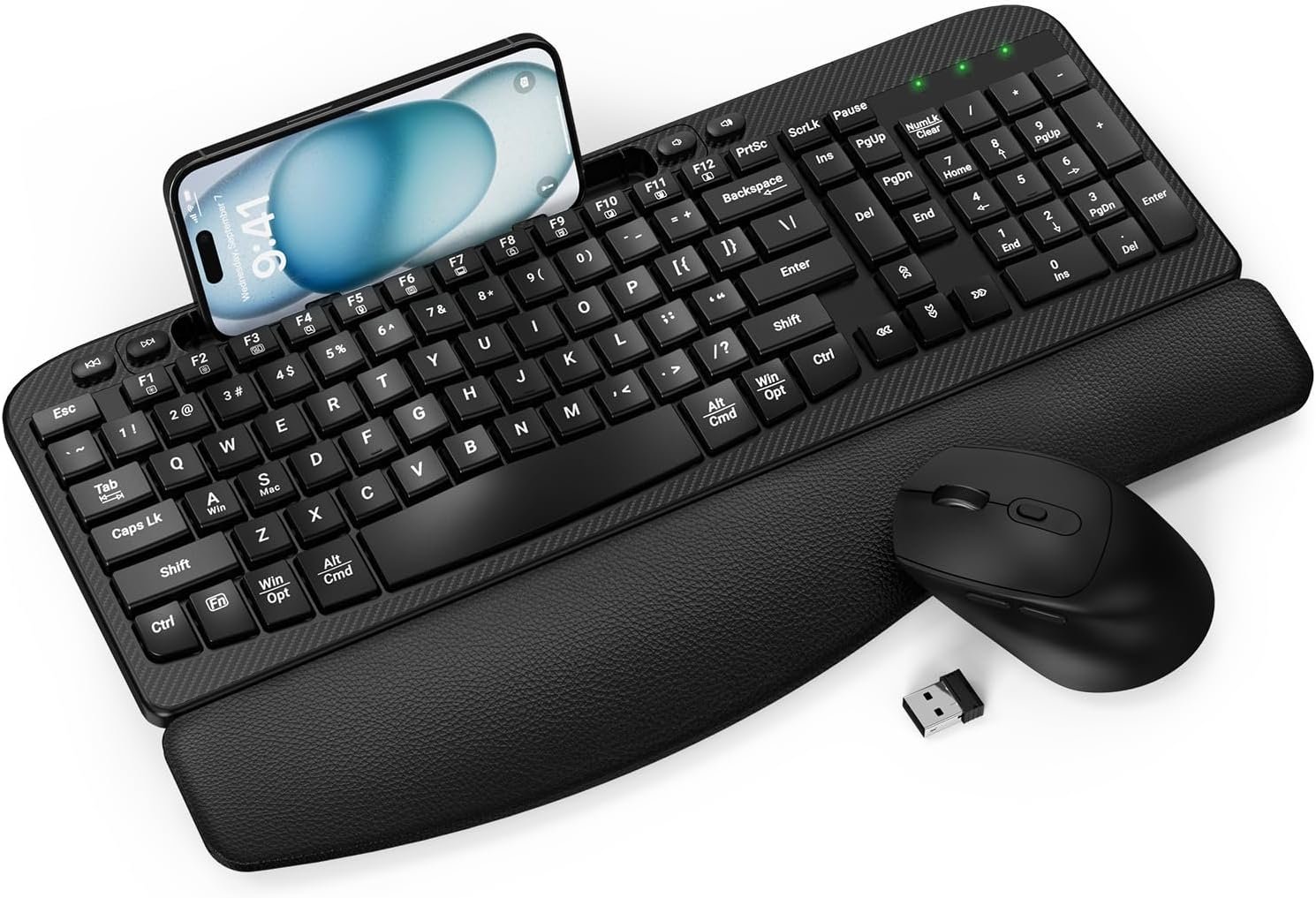 Wireless Keyboard and Mouse Combo, Full-Sized Ergonomic Wave Keys Keyboard with Memory Foam Wrist Rest & Phone Holder, 2.4G Quiet Keyboard Mouse Work Setup for PC Laptop, Office or Home (Black)