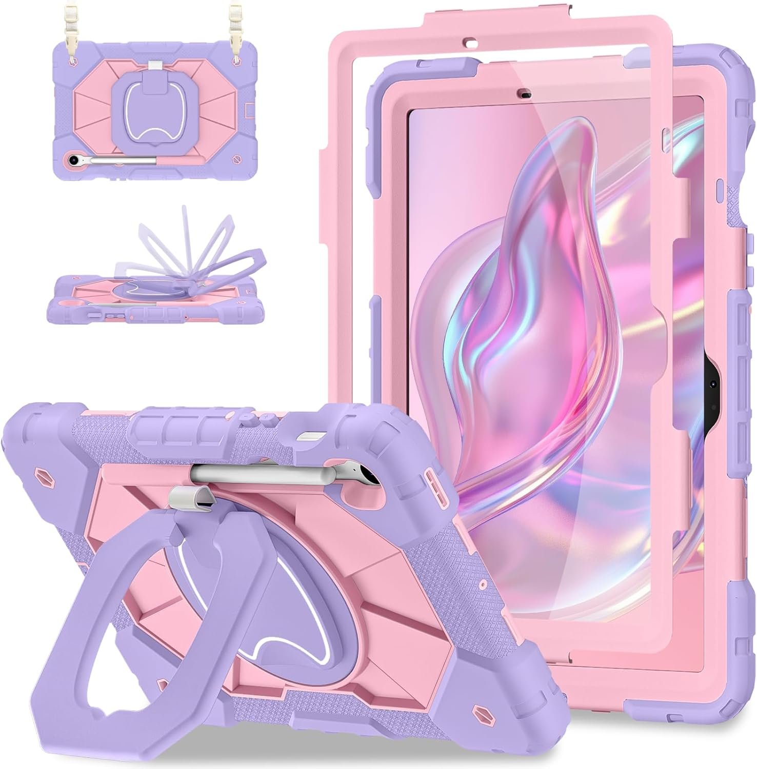 Scnioy Case for Samsung Galaxy Tab S10 Lite / S10 FE / S9 FE 10.9 Inch, Samsung Tab S9 11 Inch, Rugged Galaxy S10 Tablet Case with Pen Holder 360 Rotating Stand Shoulder Strap Screen Protector, Purple