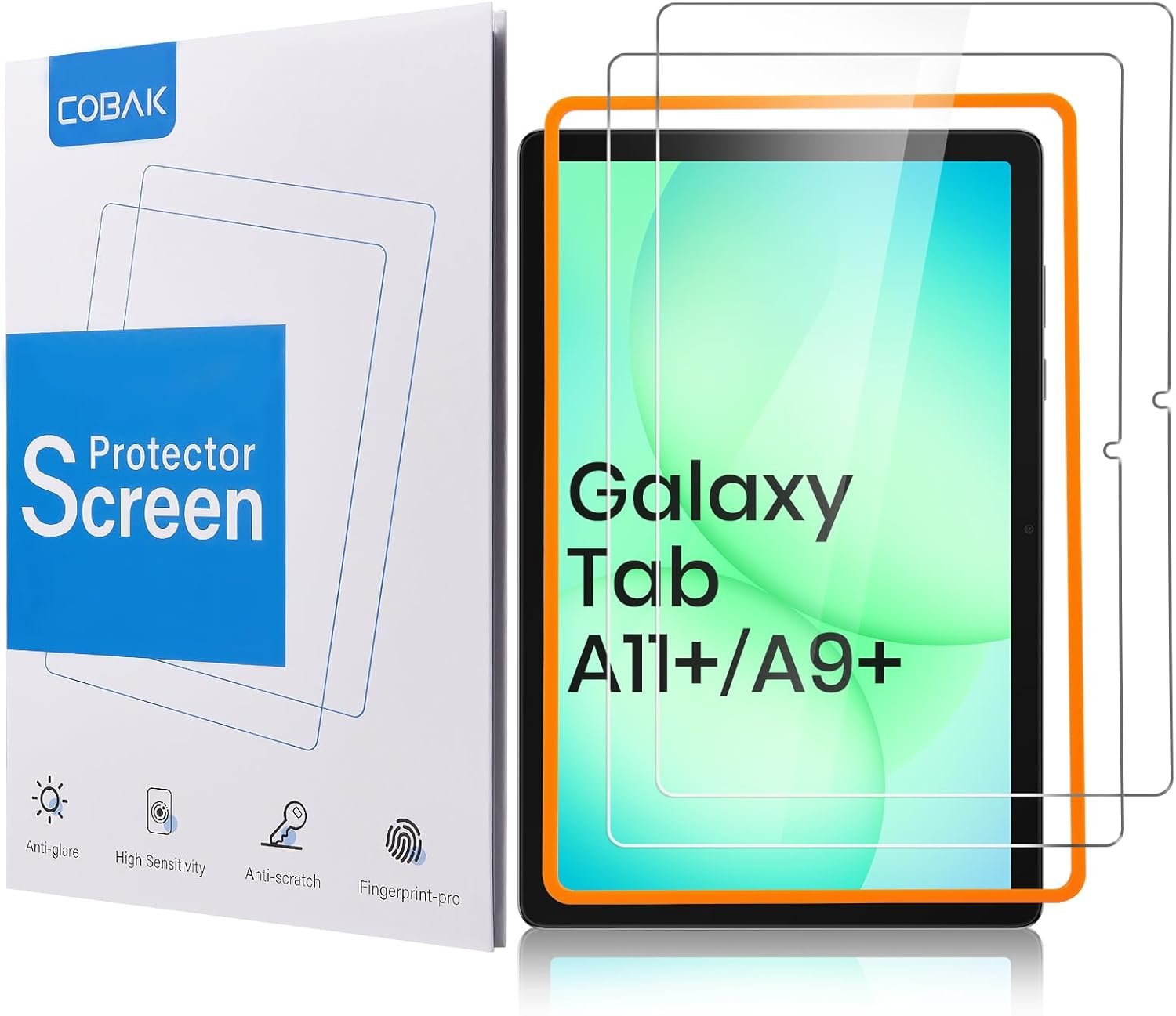 CoBak 2-Pack Tempered Glass Screen Protector for Samsung Galaxy Tab A11 Plus (A11+) 2025 / Tab A9 Plus (A9+) 2023 11-inch, Installation Frame, 9H Hardness, Anti-Scratch