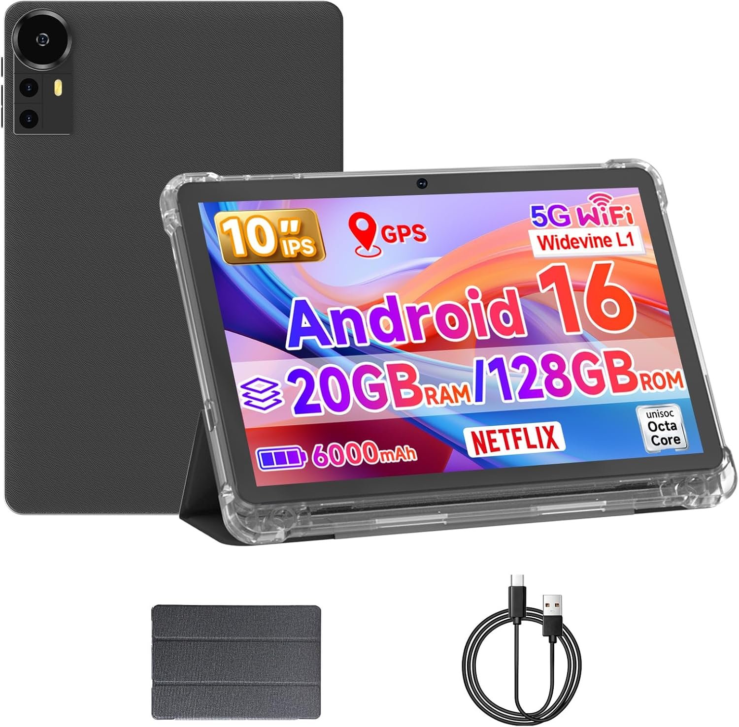 10 Inch Tablet Android 16 Tablets with Case 4+16GB RAM+128GB ROM, 6000mah Battery 10 in Android Tableta, 2MP+8MP Dual Camera 10.1” IPS HD Touch Screen Tab (Black)