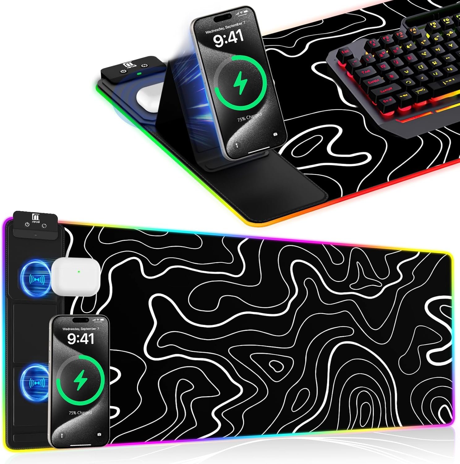 XXL Mouse Pad with Phone Holder – Black, RGB Desk Mat with 15W Fast Charging, LED Gaming Mousepad with 11 Light Colors, Waterproof Non-Slip Pad for Office & Home (Topographic)