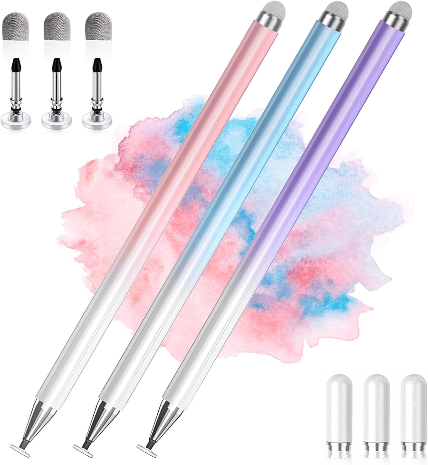 Stylus Pens for Touch Screens, 2 in 1 High Precision Universal Stylus Pen for iPad Compatible with Apple, iPhone, iPad, Android, Microsoft Tablets, Phones, 3 Pack – Blue, Pink, Purple