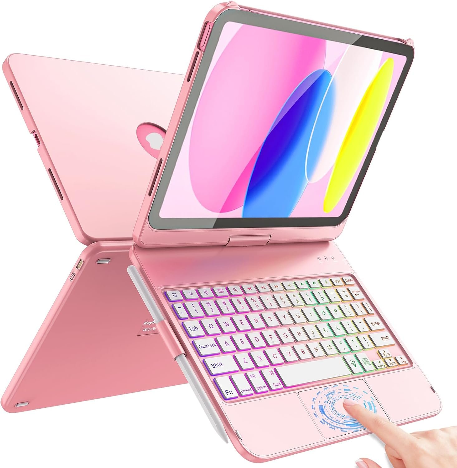 FUWANG Touch Keyboard Case for iPad A16 11th/10th Gen, 360° Rotating, Pink | Multi-Touch Trackpad, 7-Color Backlit, Pencil Holder, Keyboard for iPad A16 11th 11 inch 2025& 10th Generation 10.9 inch 2022