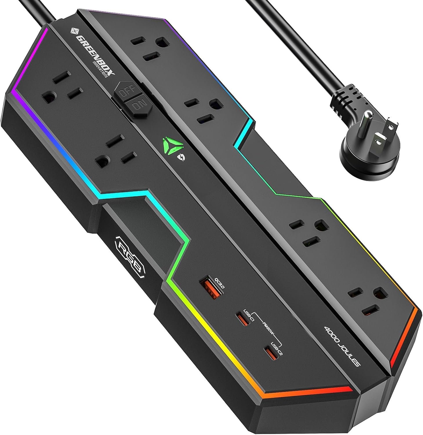 4000J Surge Protector Power Strip with USB Ports | RGB Lighting, PD 20W Fast Charging, 6 Wide-Spaced Outlets, Designed for Gaming PC, e-Sports Setup, Home and Office